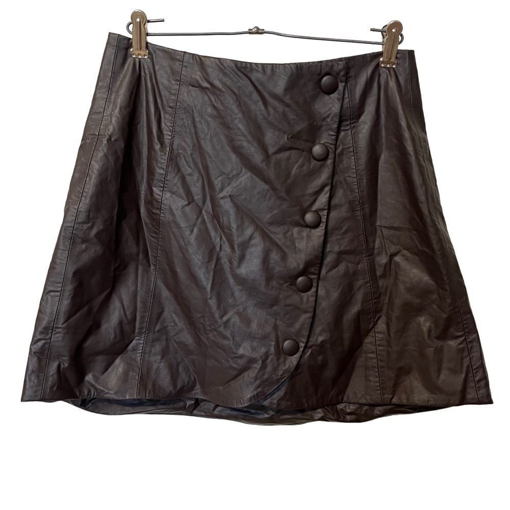 Zara S brown faux leather mini skirt snap closure small women’s EUC wrap